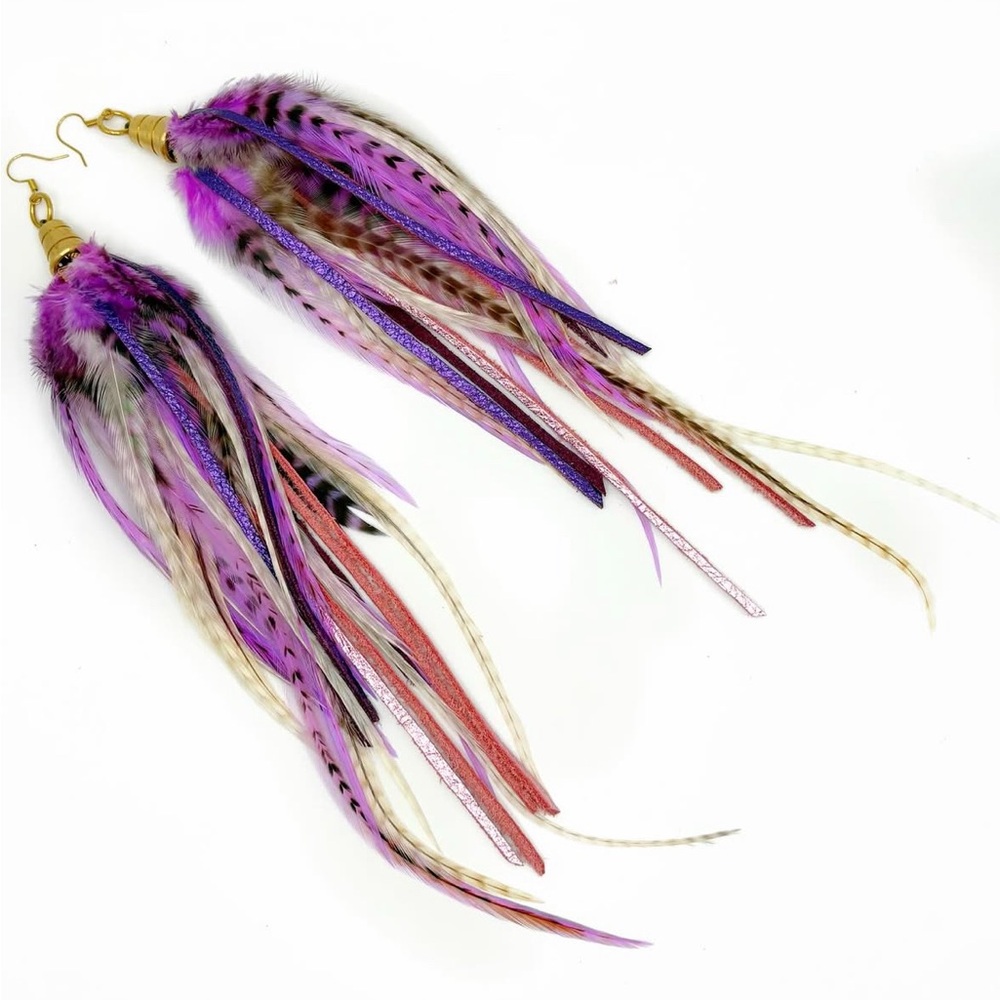 Purple Feather Dangle Earrings in lavender purple with strips of real leather